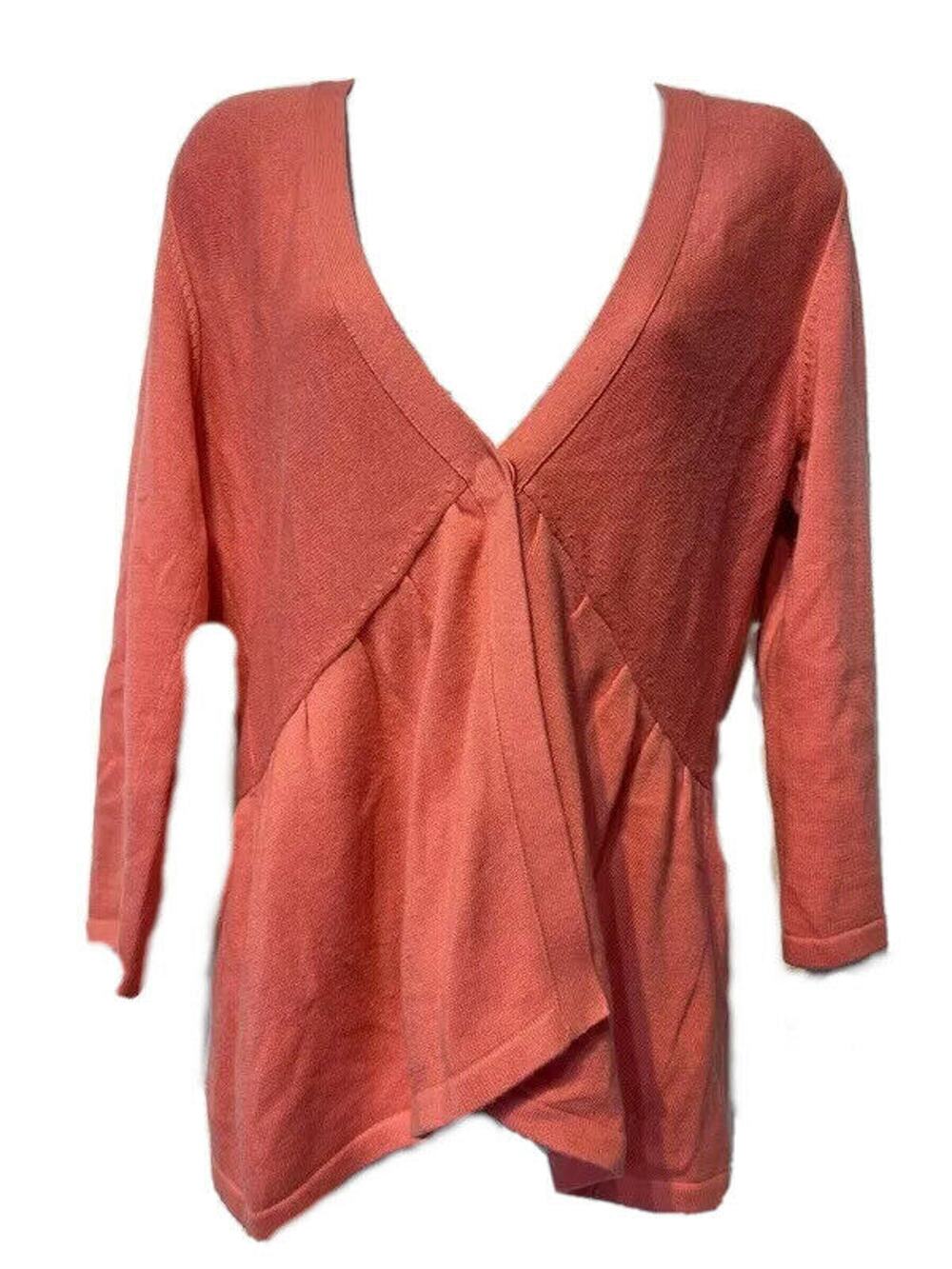 J. Jill Womens Cardigan Sweater Coral Asymmetric Hem 3/4 Sleeve Plunge Neck S